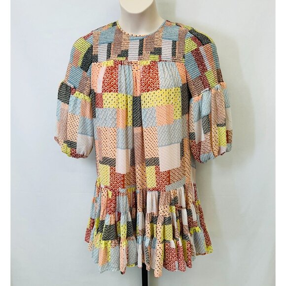 NWT Cinq a Sept Rika Patchwork Dress Size 2 Billowed Sleeve Boho Chic Mini - Picture 1 of 14